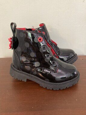 Disney Minnie Mouse Toddler Girls Black Polka Dot Combat Boots With Red Bow Size